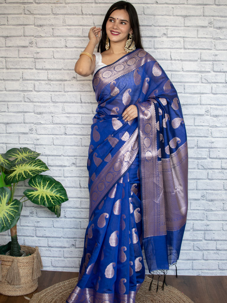 Banarasi Cotton Silk Saree with Zari Paisley Weaving-Blue