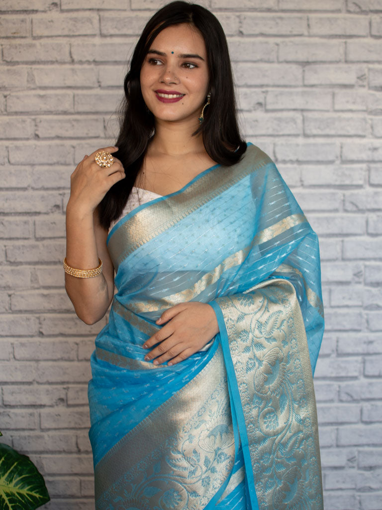 Banarasi Organza Saree With Zari Weaving-Blue