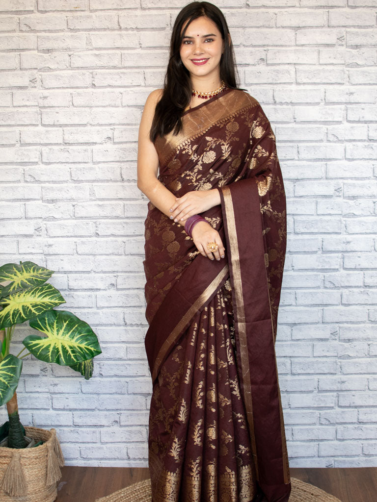 Banarasi Semi Silk Saree With Zari Weaving-Deep Brown