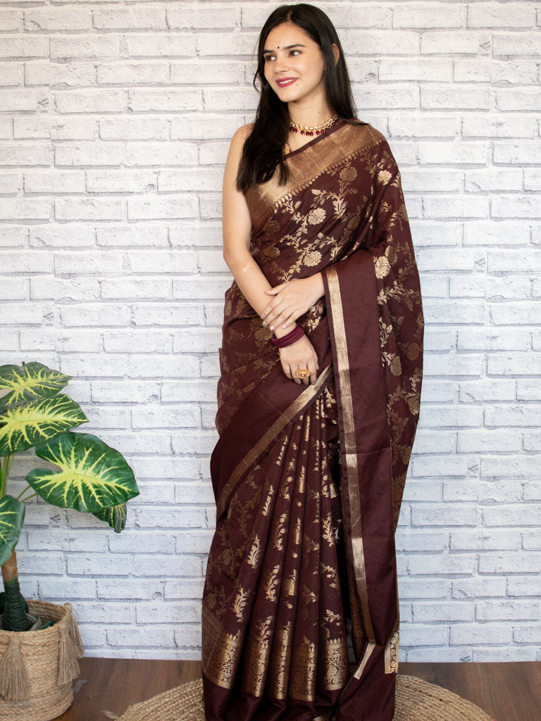 Banarasi Semi Silk Saree With Zari Weaving-Deep Brown