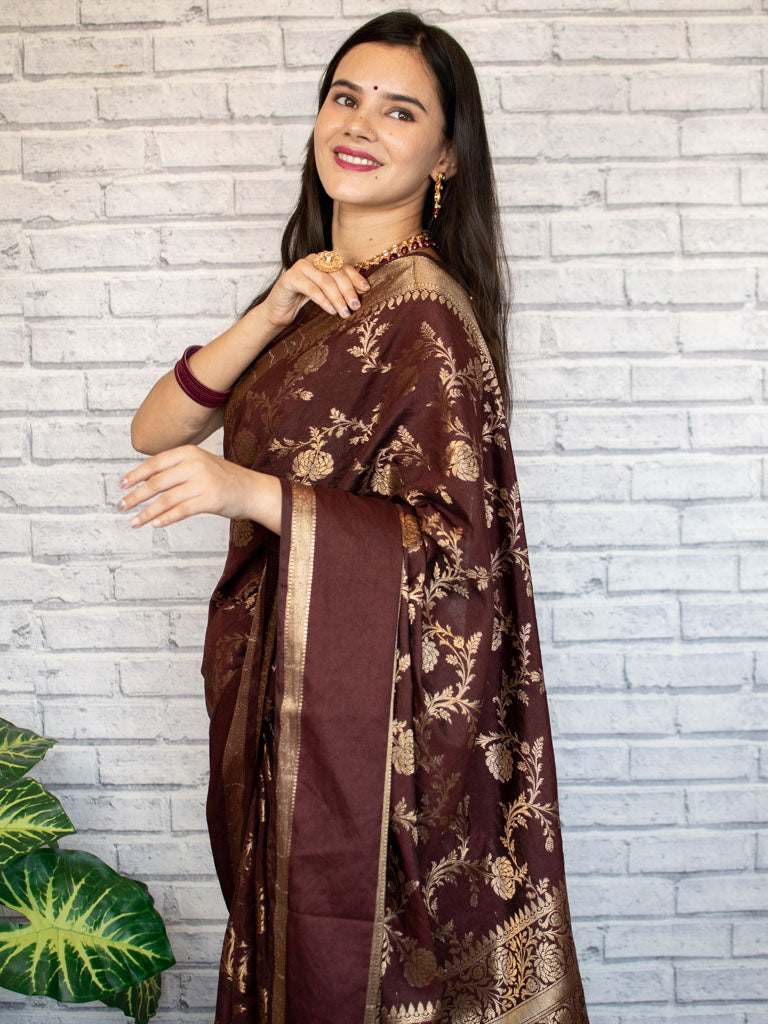 Banarasi Semi Silk Saree With Zari Weaving-Deep Brown