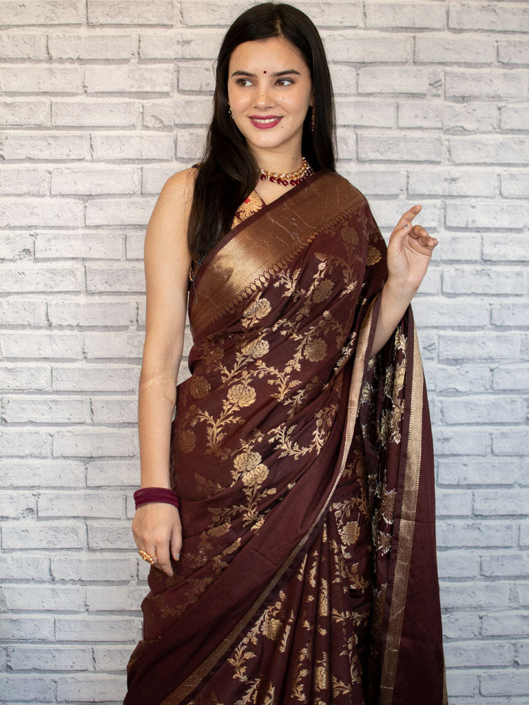 Banarasi Semi Silk Saree With Zari Weaving-Deep Brown