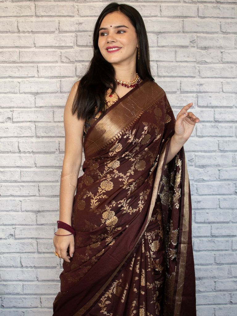 Banarasi Semi Silk Saree With Zari Weaving-Deep Brown