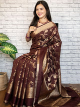 Banarasi Semi Silk Saree With Zari Weaving-Deep Brown