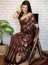 Banarasi Semi Silk Saree With Zari Weaving-Deep Brown