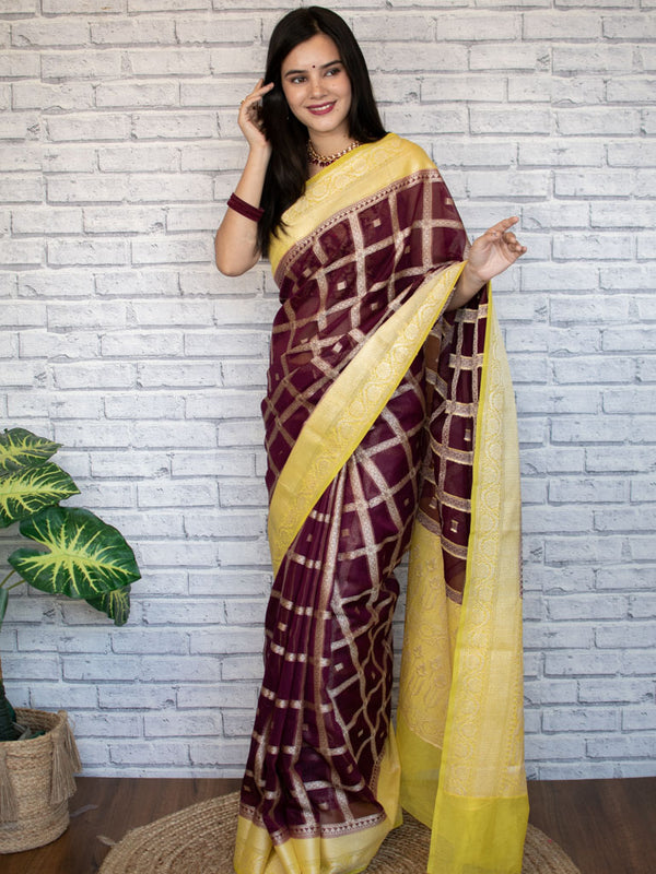 Banarasi Kora Saree With Zari Weaving & Contrast Border-Brown