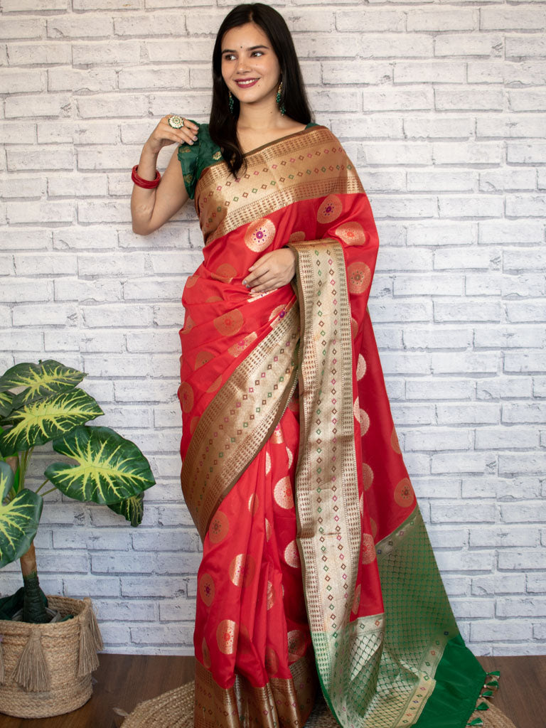 Banarasi Semi Silk Saree With Buta Weaving & Contrast Border-Red