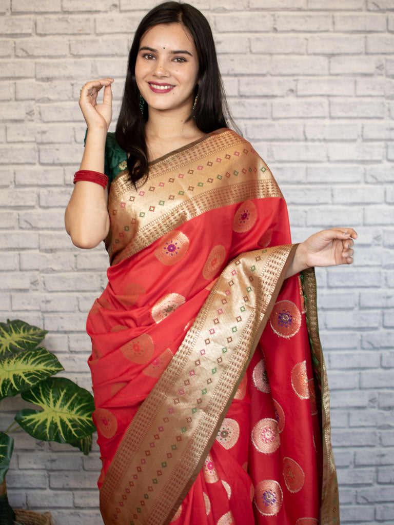 Banarasi Semi Silk Saree With Buta Weaving & Contrast Border-Red