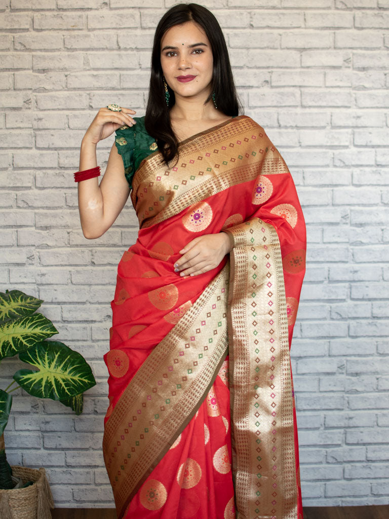 Banarasi Semi Silk Saree With Buta Weaving & Contrast Border-Red