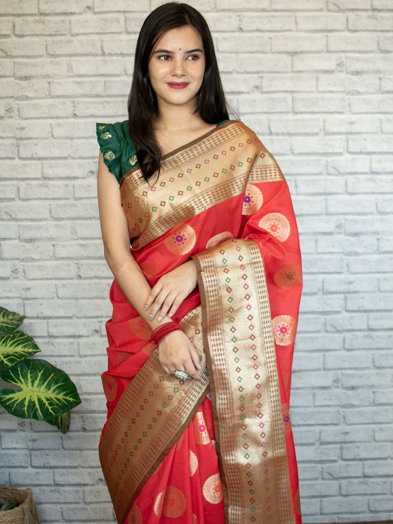 Banarasi Semi Silk Saree With Buta Weaving & Contrast Border-Red