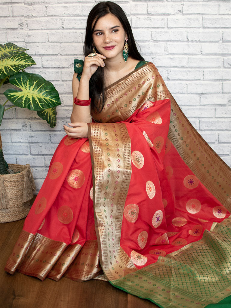 Banarasi Semi Silk Saree With Buta Weaving & Contrast Border-Red