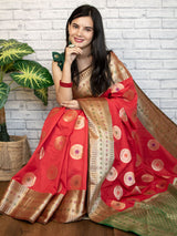 Banarasi Semi Silk Saree With Buta Weaving & Contrast Border-Red