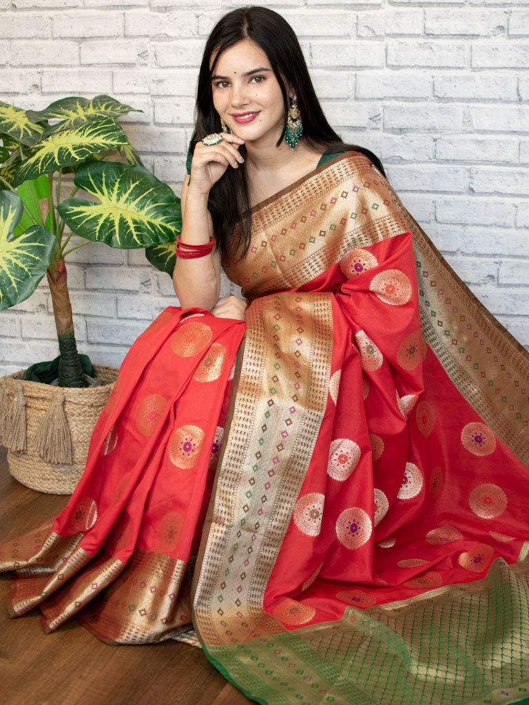 Banarasi Semi Silk Saree With Buta Weaving & Contrast Border-Red