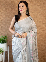 Banarasi Soft Cotton Saree With Resham Zari Weaving & Meena Border-Off White