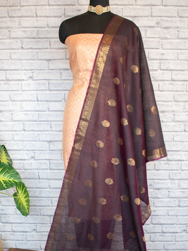 Banarasi Cotton  Silk Zari Weaving Salwar Kameez Material With Contrast Dupatta-Peach & Wine