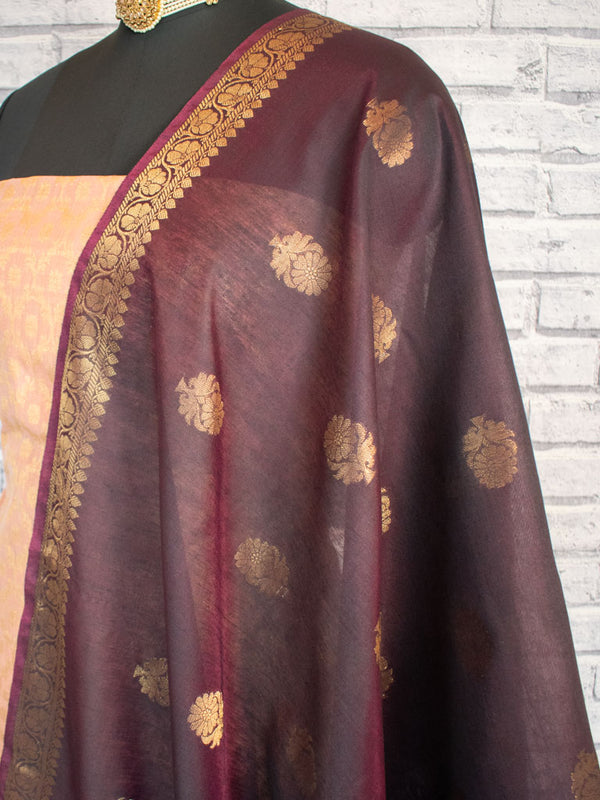 Banarasi Cotton  Silk Zari Weaving Salwar Kameez Material With Contrast Dupatta-Peach & Wine