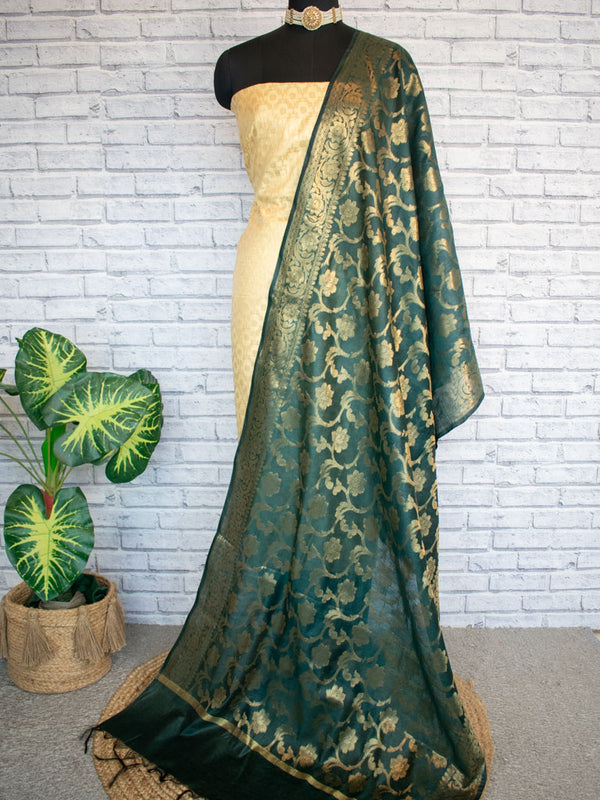 Banarasi Cotton  Silk Zari Weaving Salwar Kameez Material With Contrast Dupatta-Yellow & Green