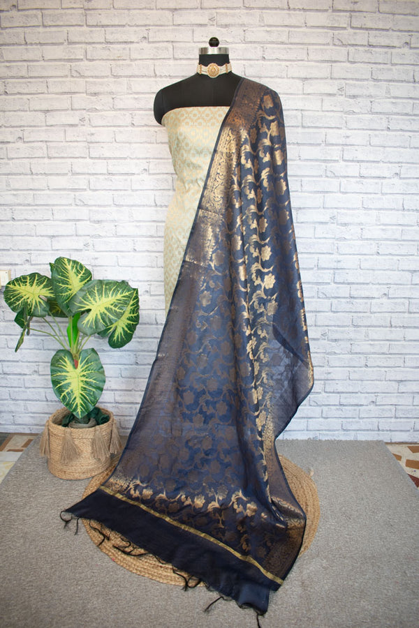 Banarasi Cotton  Silk Zari Weaving Salwar Kameez Material With Contrast Dupatta-Green & Blue