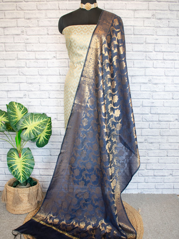 Banarasi Cotton  Silk Zari Weaving Salwar Kameez Material With Contrast Dupatta-Green & Blue
