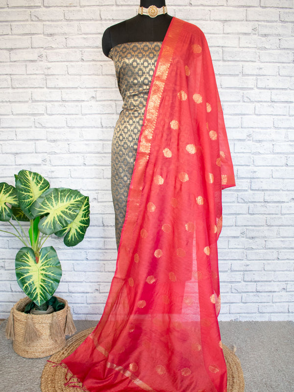 Banarasi Cotton  Silk Zari Weaving Salwar Kameez Material With Contrast Dupatta-Grey & Red