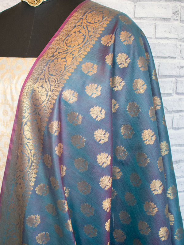 Banarasi Cotton  Silk Zari Weaving Salwar Kameez Material With Contrast Dupatta-Beige & Blue