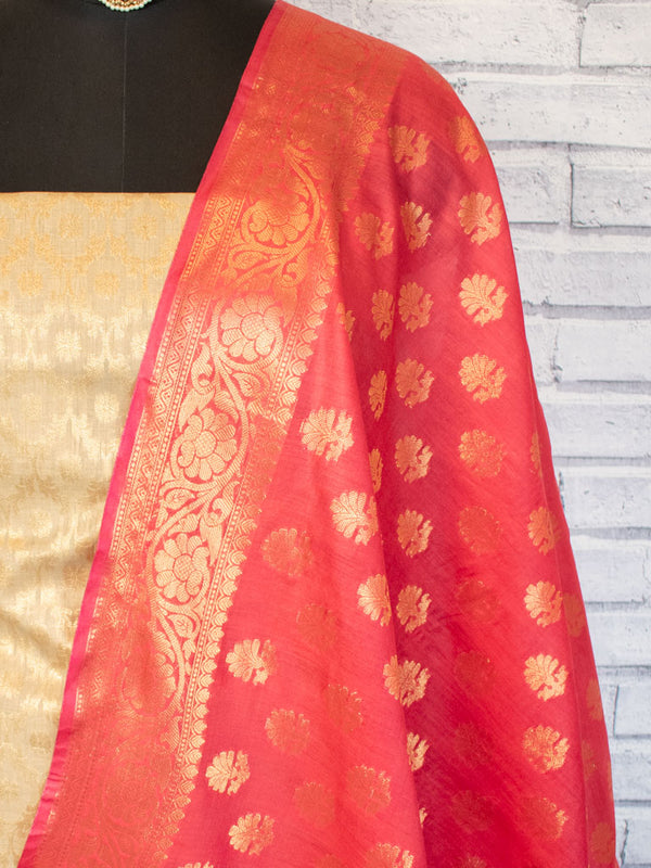 Banarasi Cotton  Silk Zari Weaving Salwar Kameez Material With Contrast Dupatta-Beige & Purple