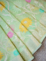 Banarasi Cotton Silk Resham & Zari Multi Coloured Weaving Saree-Green