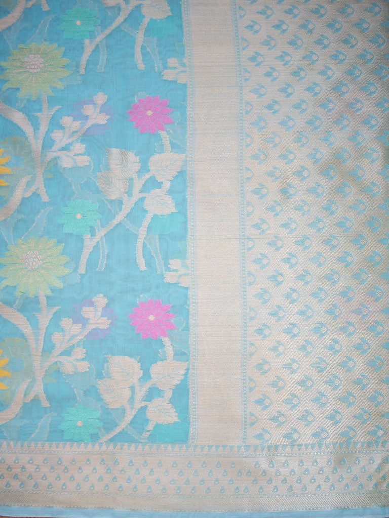 Banarasi Cotton Silk Jaal Resham & Zari Multi Coloured Weaving Saree-Blue
