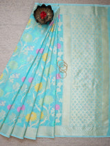 Banarasi Cotton Silk Jaal Resham & Zari Multi Coloured Weaving Saree-Blue