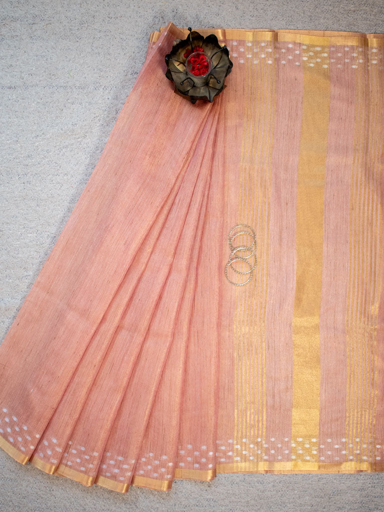 Banarasi Cotton Linen Saree With Resham Weaving & Zari Border-Peach