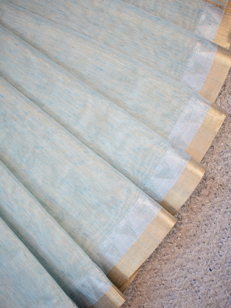 Banarasi Cotton Linen Saree With Zari Border-Blue