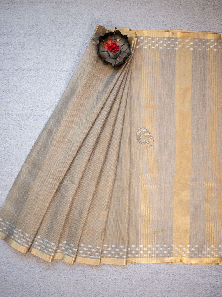 Banarasi Cotton Linen Saree With Resham Weaving & Zari Border-Brown