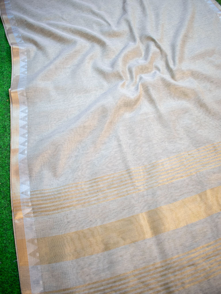Banarasi Cotton Linen Saree With Resham Weaving & Zari Border-Grey