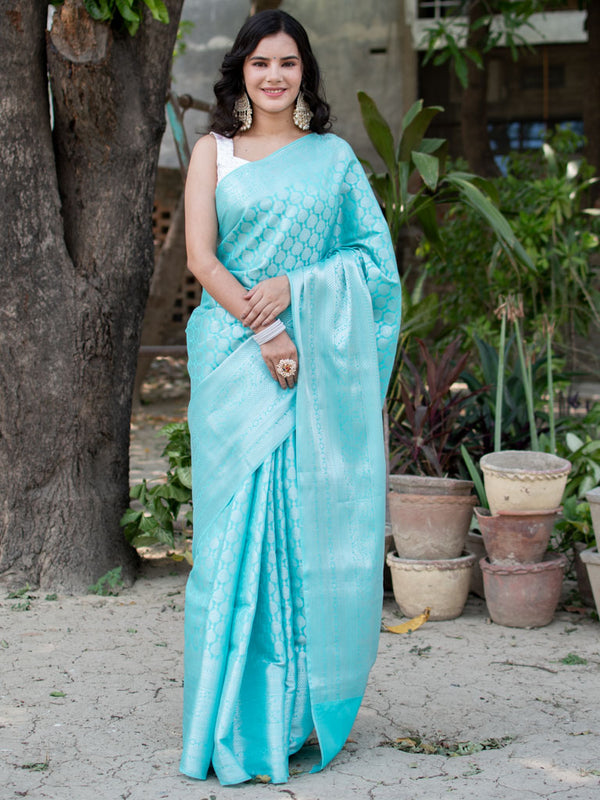 Banarasi Lichi Silk Saree With Silver Zari Weaving-Blue