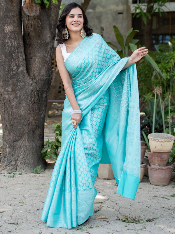 Banarasi Lichi Silk Saree With Silver Zari Weaving-Blue