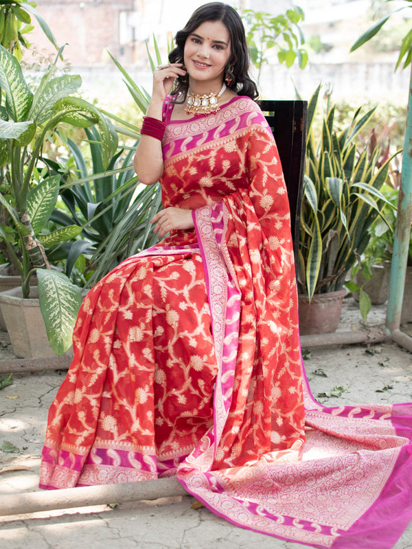 Banarasi Kora Saree With Heavy Jaal Weaving & Contrast Border-Red & Pink