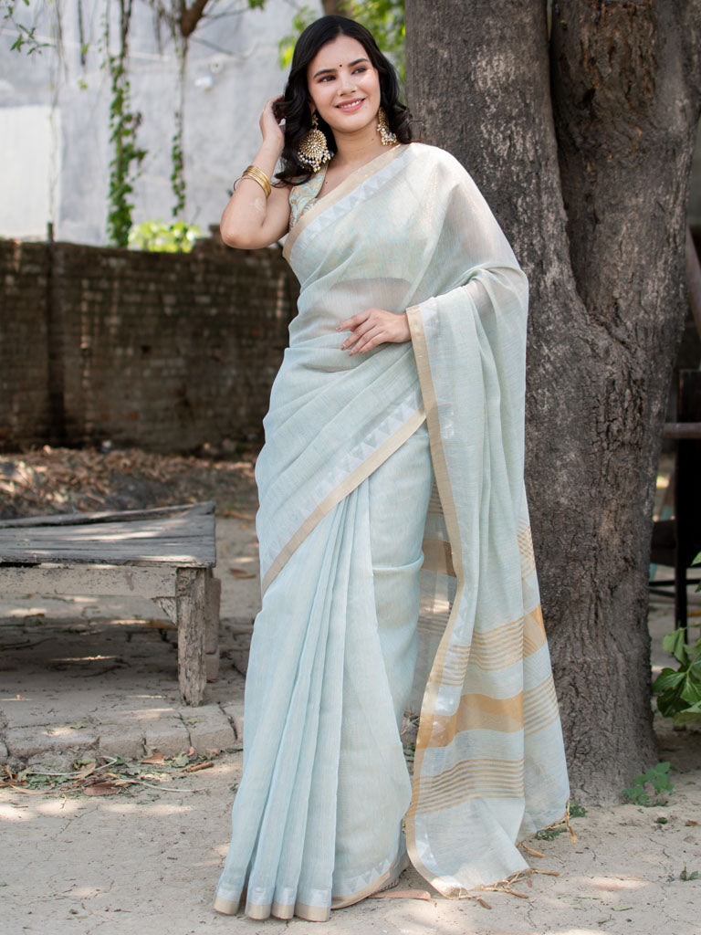 Banarasi Cotton Linen Saree With Zari Border-Blue