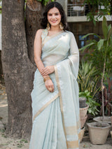 Banarasi Cotton Linen Saree With Zari Border-Blue