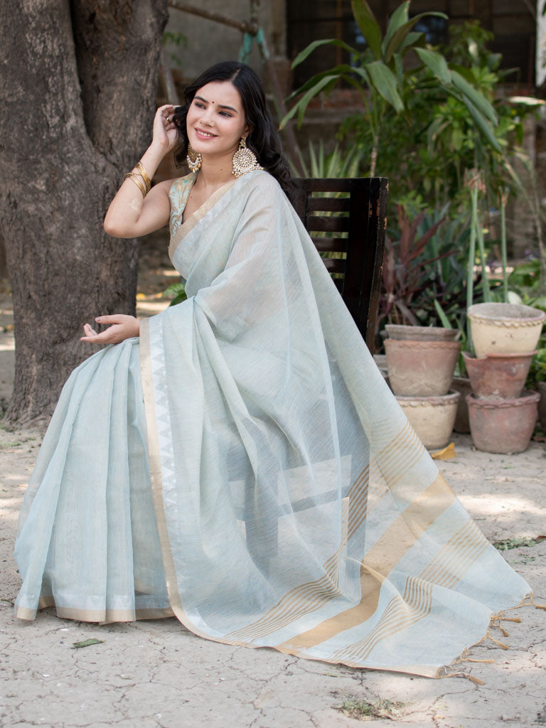 Banarasi Cotton Linen Saree With Zari Border-Blue