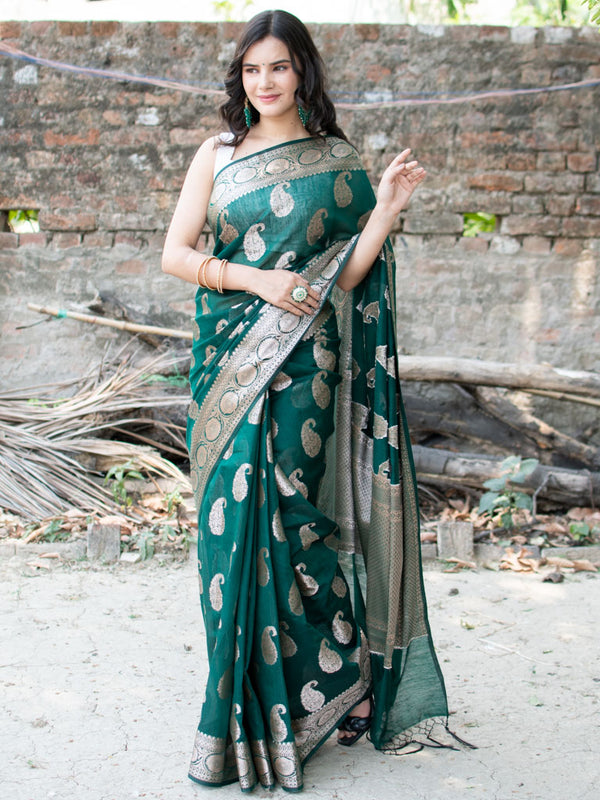 Banarasi Cotton Silk Saree with Zari Paisley Weaving-Green