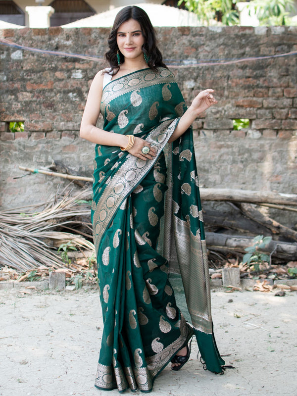 Banarasi Cotton Silk Saree with Zari Paisley Weaving-Green