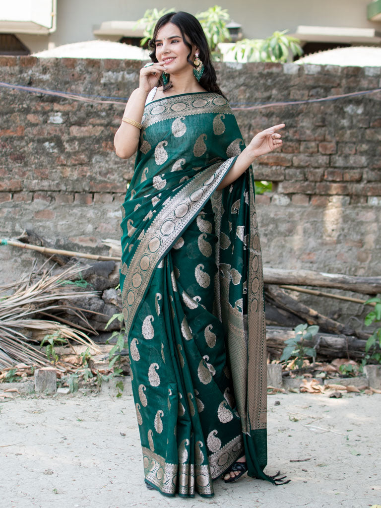 Banarasi Cotton Silk Saree with Zari Paisley Weaving-Green