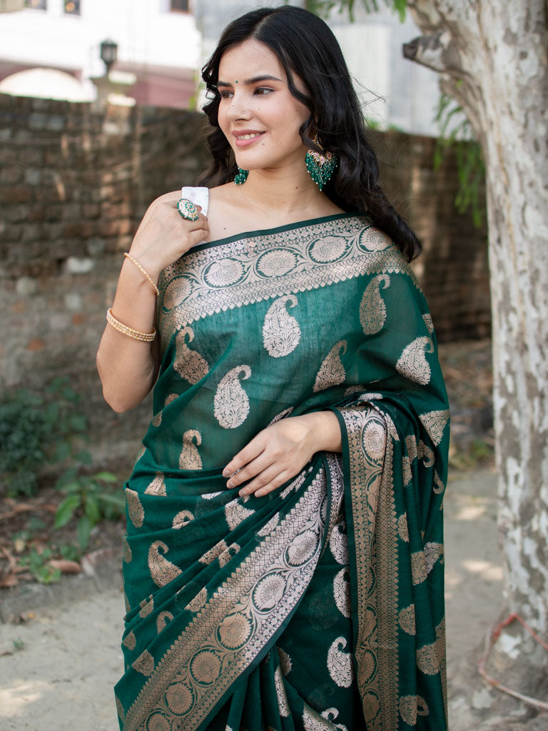 Banarasi Cotton Silk Saree with Zari Paisley Weaving-Green