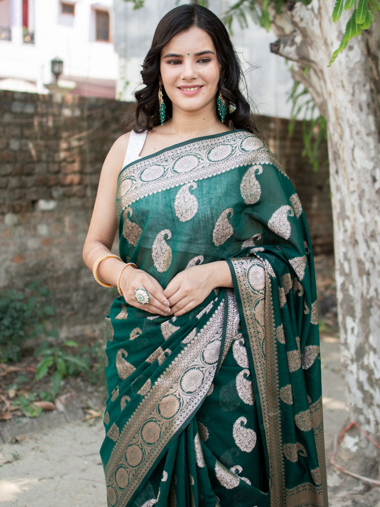 Banarasi Cotton Silk Saree with Zari Paisley Weaving-Green