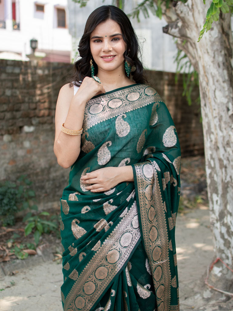 Banarasi Cotton Silk Saree with Zari Paisley Weaving-Green