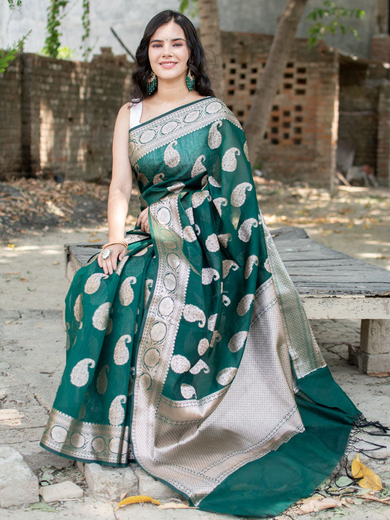 Banarasi Cotton Silk Saree with Zari Paisley Weaving-Green