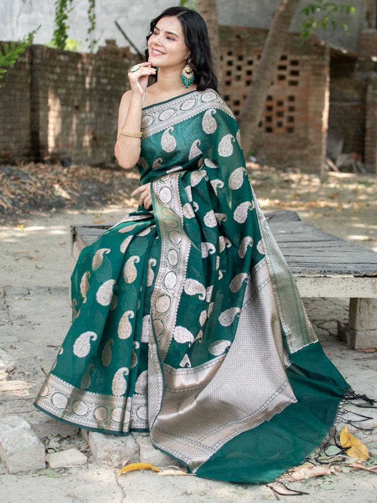 Banarasi Cotton Silk Saree with Zari Paisley Weaving-Green