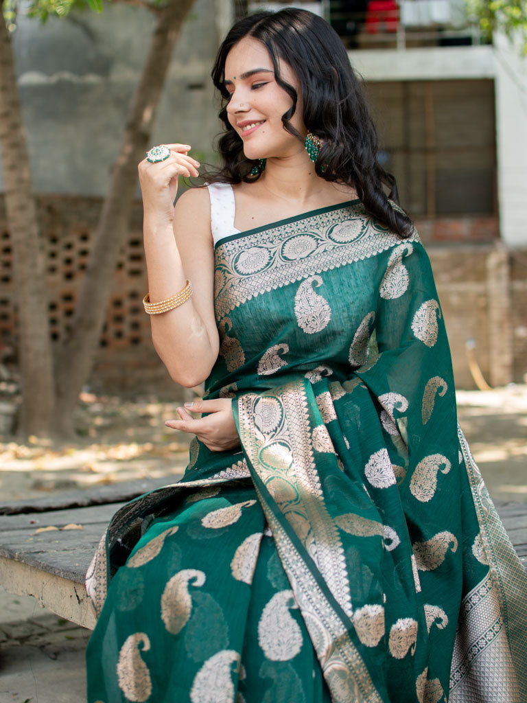 Banarasi Cotton Silk Saree with Zari Paisley Weaving-Green