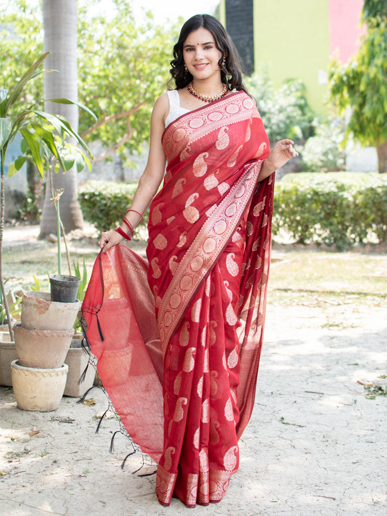 Banarasi Cotton Silk Saree with Zari Paisley Weaving-Red