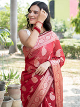 Banarasi Cotton Silk Saree with Zari Paisley Weaving-Red